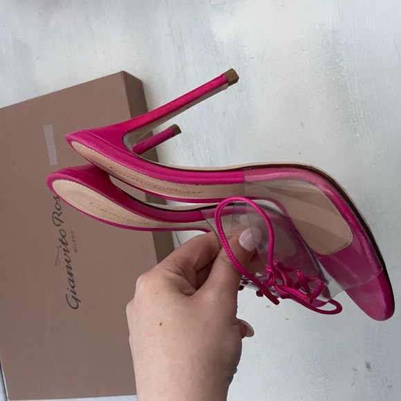 Gianvito Rossi Fuchsia Helmut Bow-detailed PVC and Leather Mules Open Toe - Picture 8 of 12